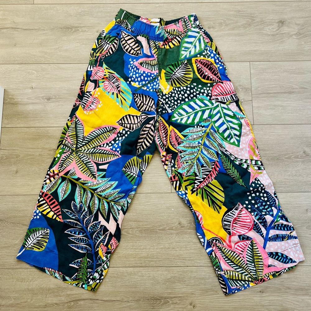 Cynthia Rowley Linen Floral Tropical Print Wide Legged Cropped Pants